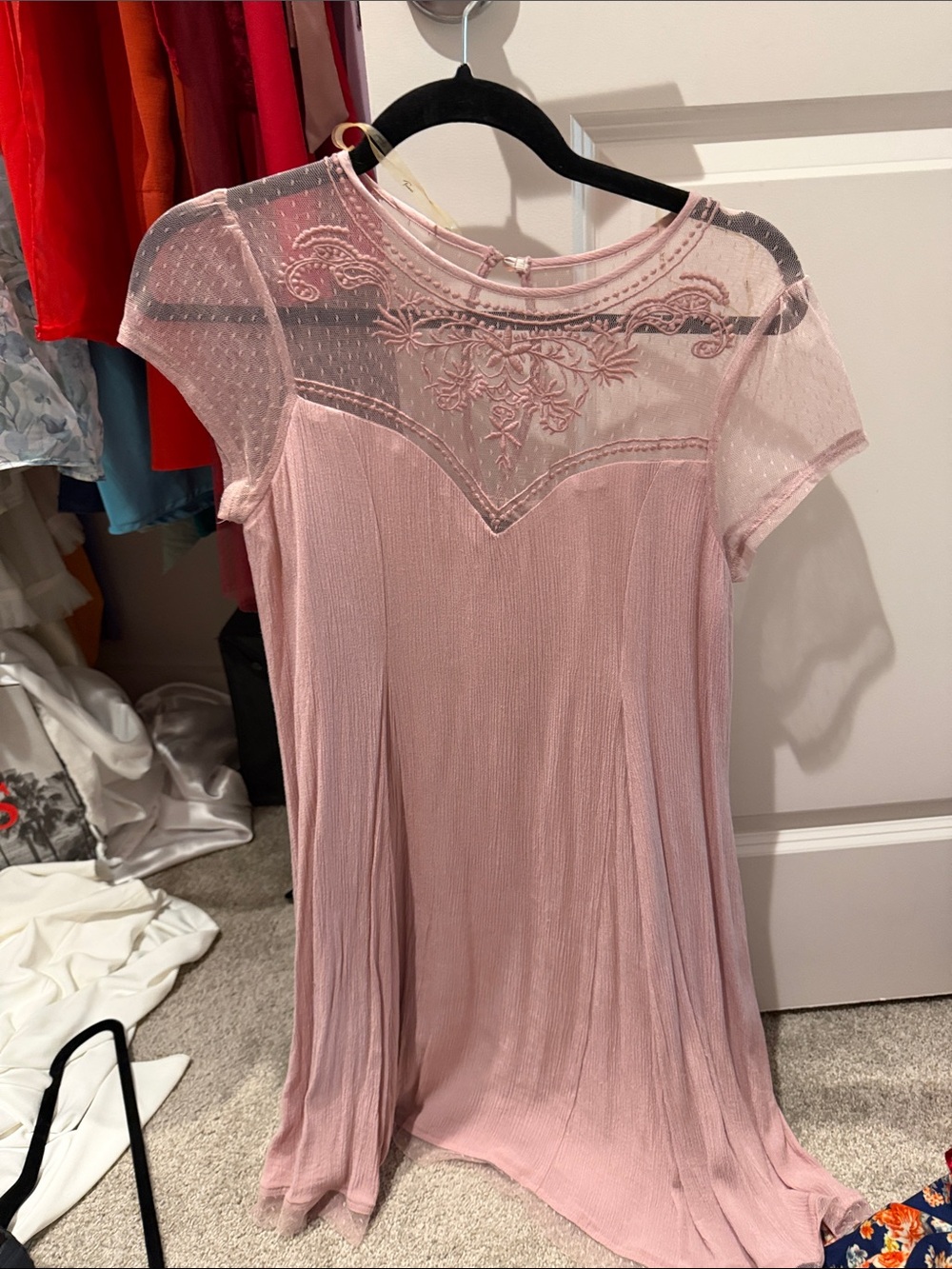 Blush Pink Mesh Yoke Floral Embroidered Dress